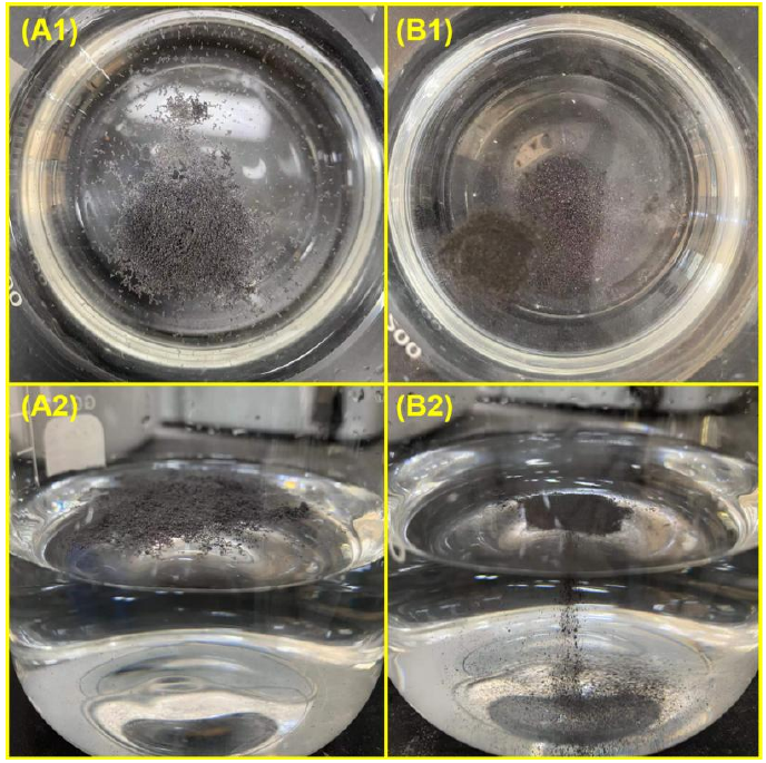 圖 1-3 (A1-2) 原始石墨烯放入水中的照片； (B1-2) 氧等離子處理石墨烯放入水中的照片